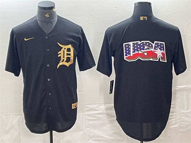 Men's Detroit Tigers Black Team Big Logo Cool Base Stitched Baseball Jersey
